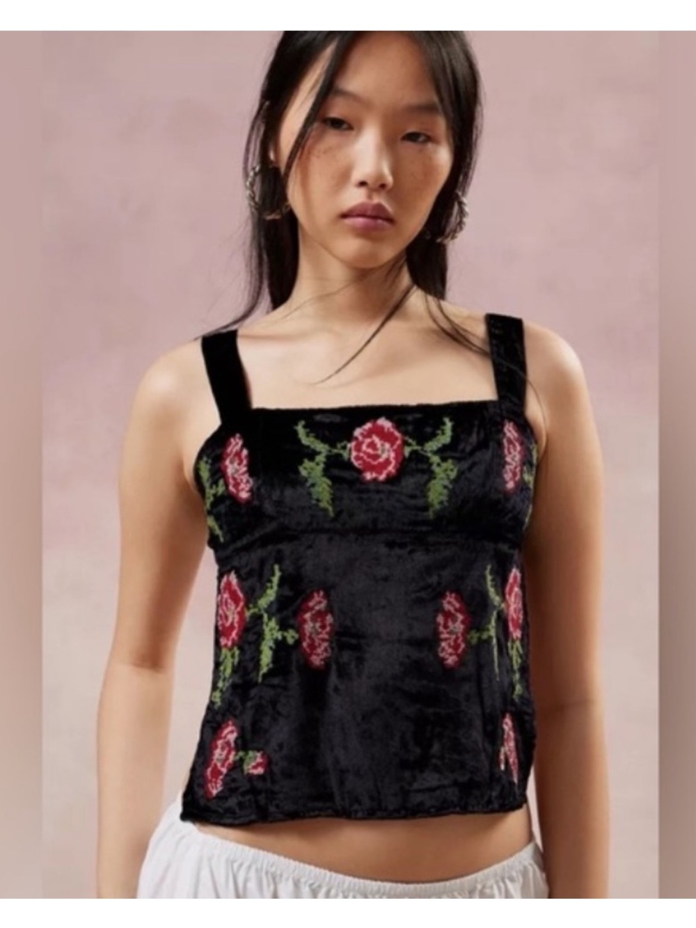 Kimchi Blue Black Velvet Floral Embroidered Open Back Tank Top Size Medium
